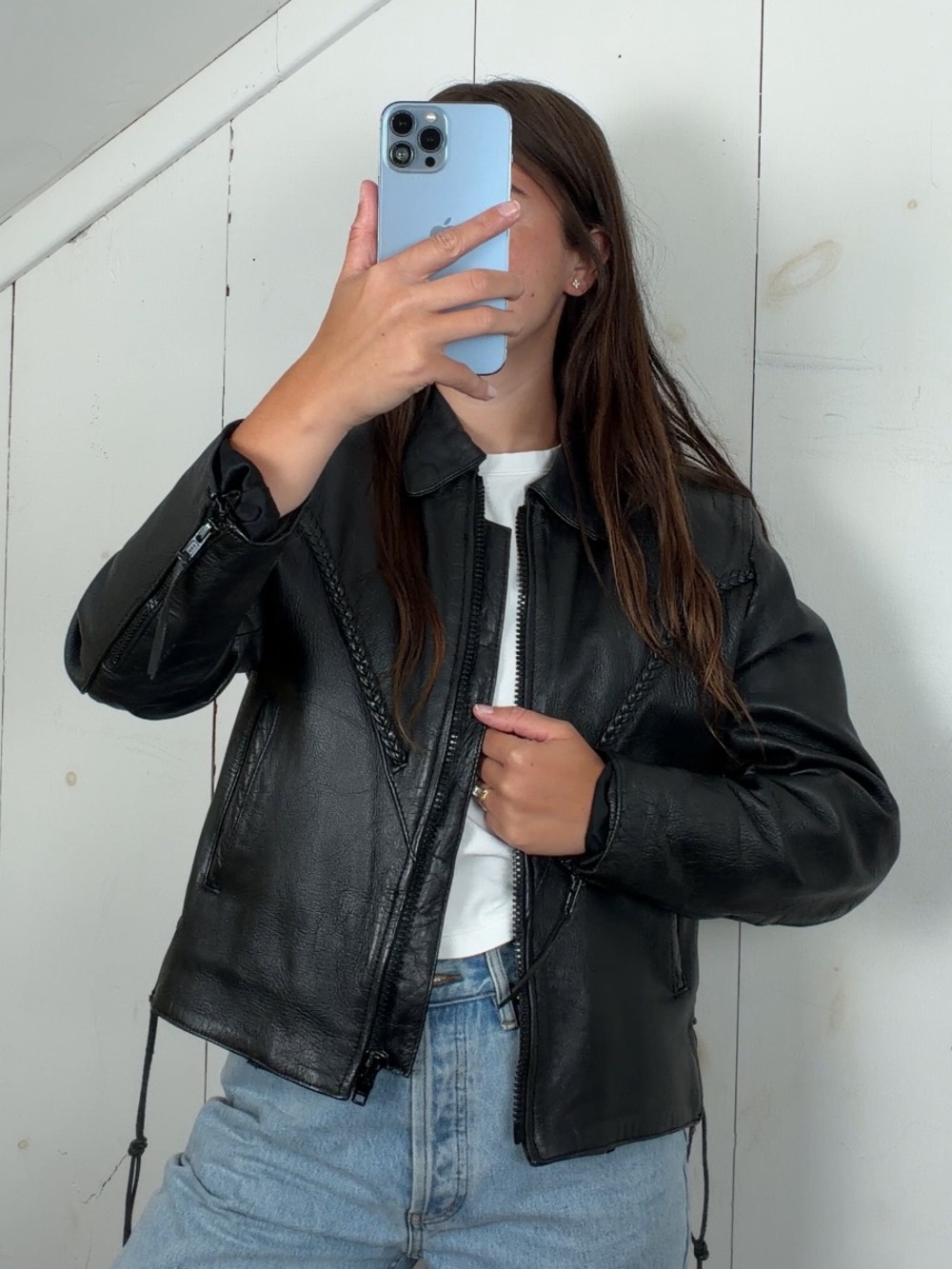 Vintage Black Genuine Leather Full Zip Biker Moto Jacket Women’s S Braided Yolk